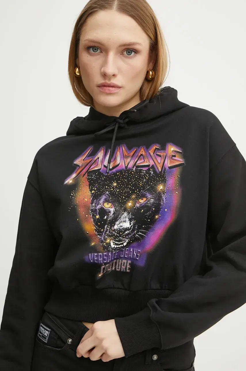 Bavlnená mikina Versace Jeans Couture dámska, čierna farba, s kapucňou, s potlačou, 78HAIC04 CF00C