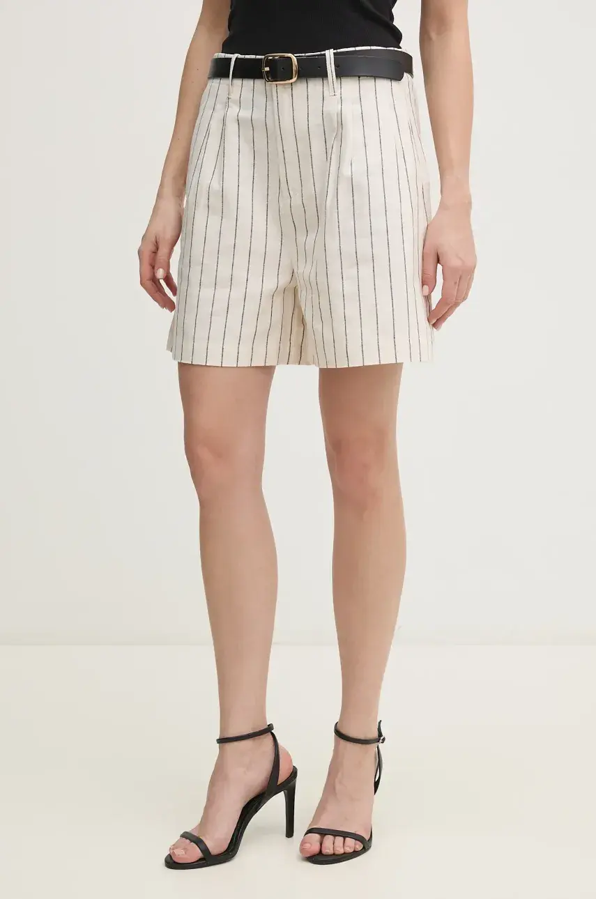 Ľanové šortky Pepe Jeans HENAR dámske, béžová farba, vzorované, vysoký pás, PL801163