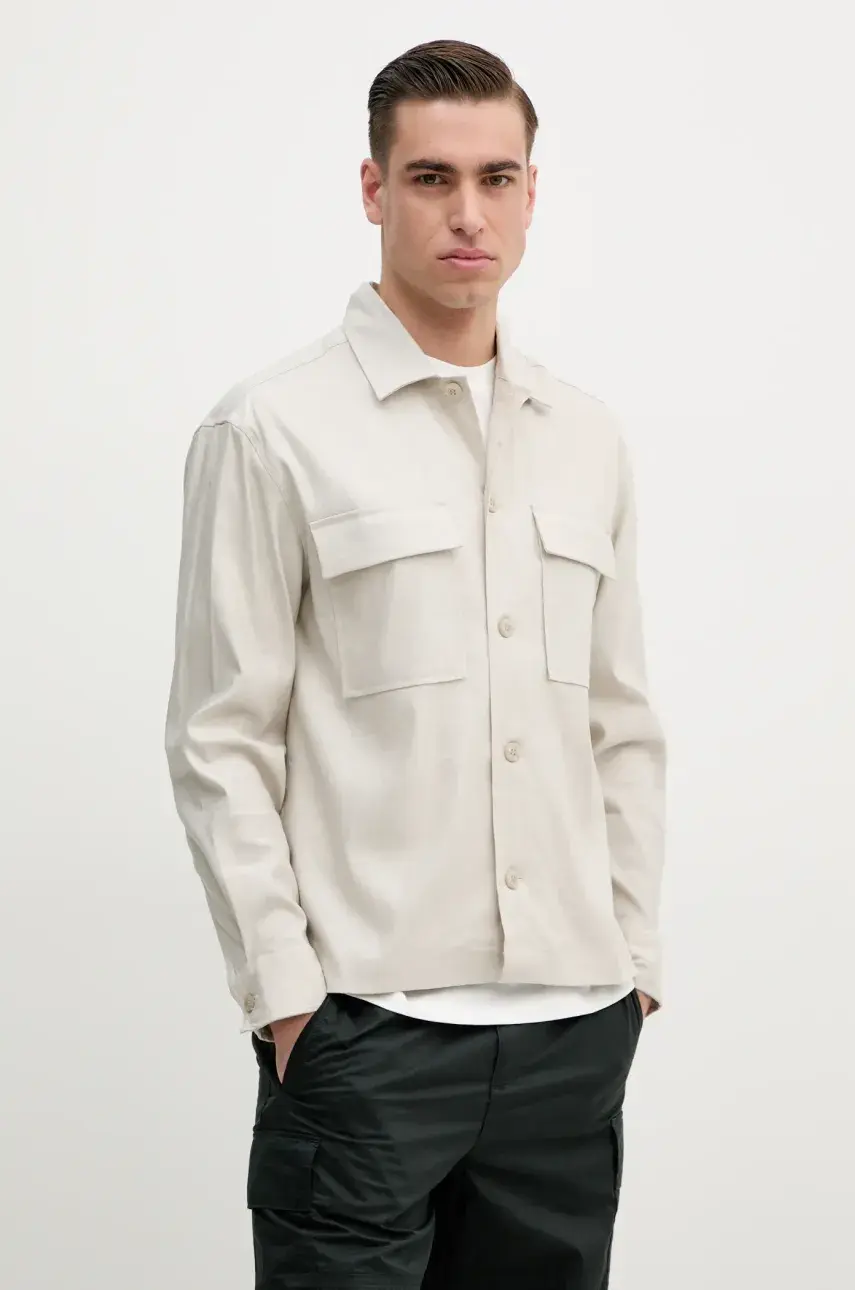 Košeľa s prímesou ľanu Calvin Klein béžová farba, regular, s klasickým golierom, K10K114191