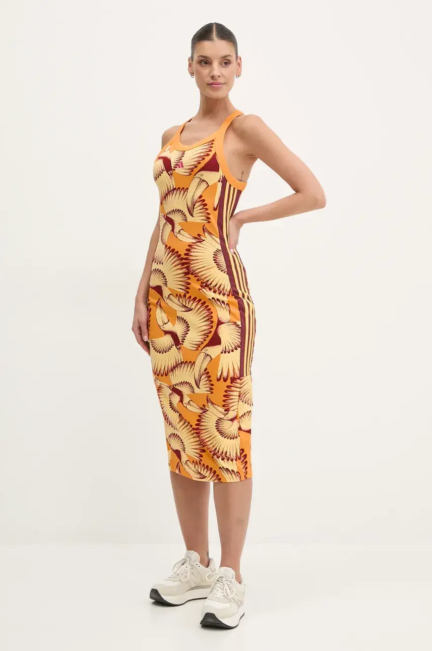 Šaty adidas x Farm Rio oranžová farba, midi, priliehavá, JD6315