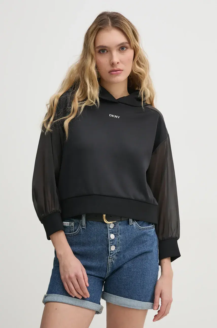 Mikina Dkny dámska, čierna farba, s kapucňou, s nášivkou, P4BHSWSH