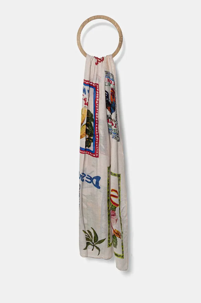 Šál Desigual PARADISE RECTANGLE dámsky, béžová farba, vzorovaný, 25SAWA34