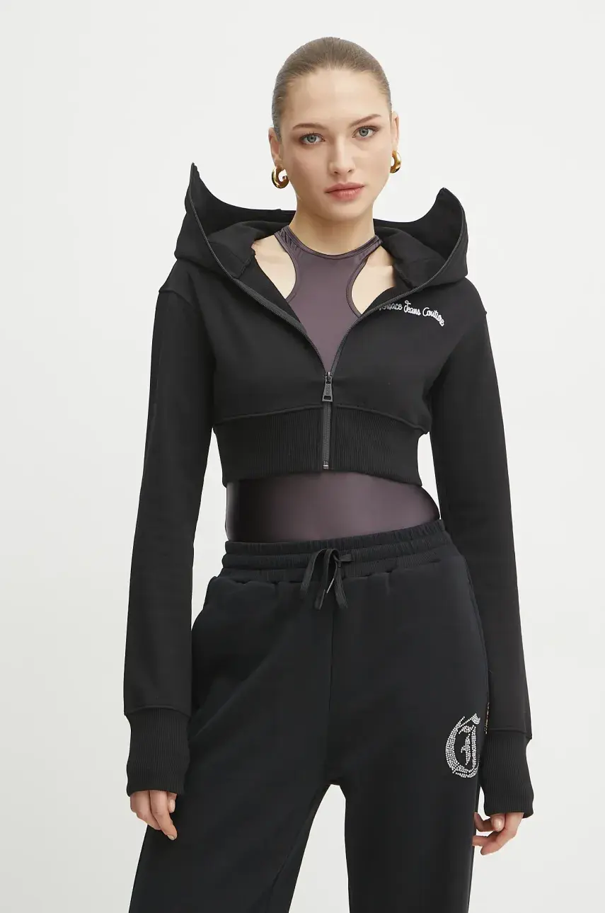 Bavlnená mikina Versace Jeans Couture dámska, čierna farba, s kapucňou, s nášivkou, 78HAIC08 CF00C