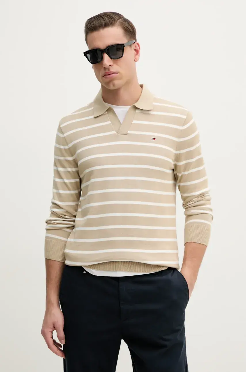 Bavlnený sveter Tommy Hilfiger pánsky, béžová farba, tenký, MW0MW38609