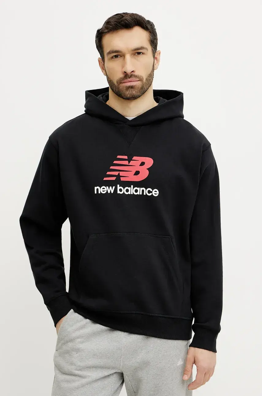 Bavlnená mikina New Balance pánska, čierna farba, s kapucňou, s potlačou, MT51512BK