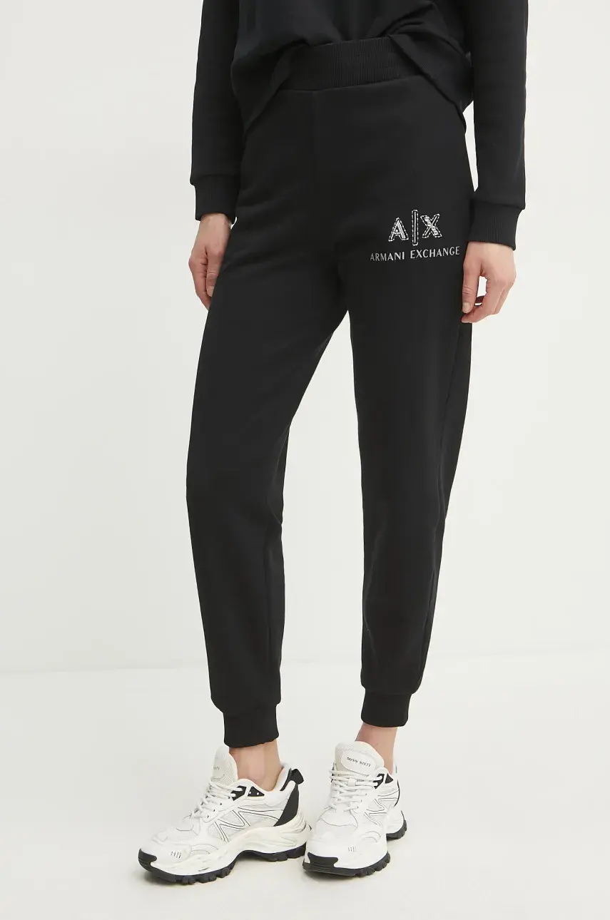 Bavlnené tepláky Armani Exchange dámske, čierna farba, s potlačou, XW000162 AF11851