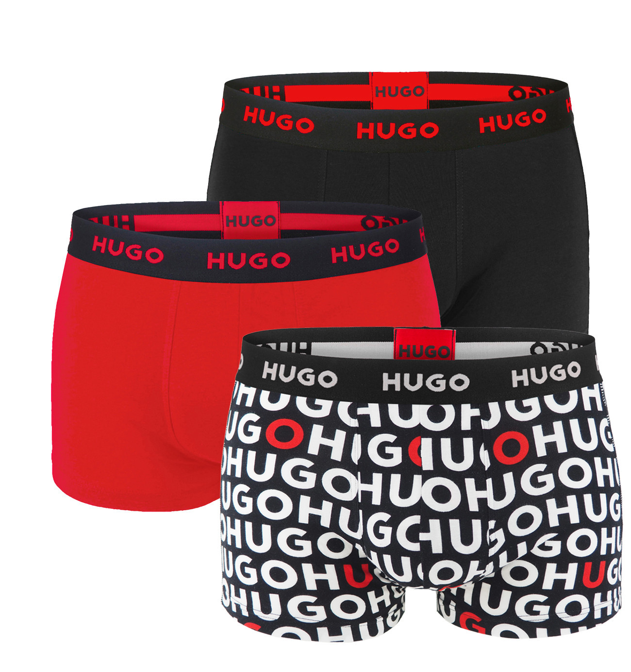 HUGO - boxerky 3PACK cotton stretch modern HUGO logo black & red color - limitovaná fashion edícia (HUGO BOSS)