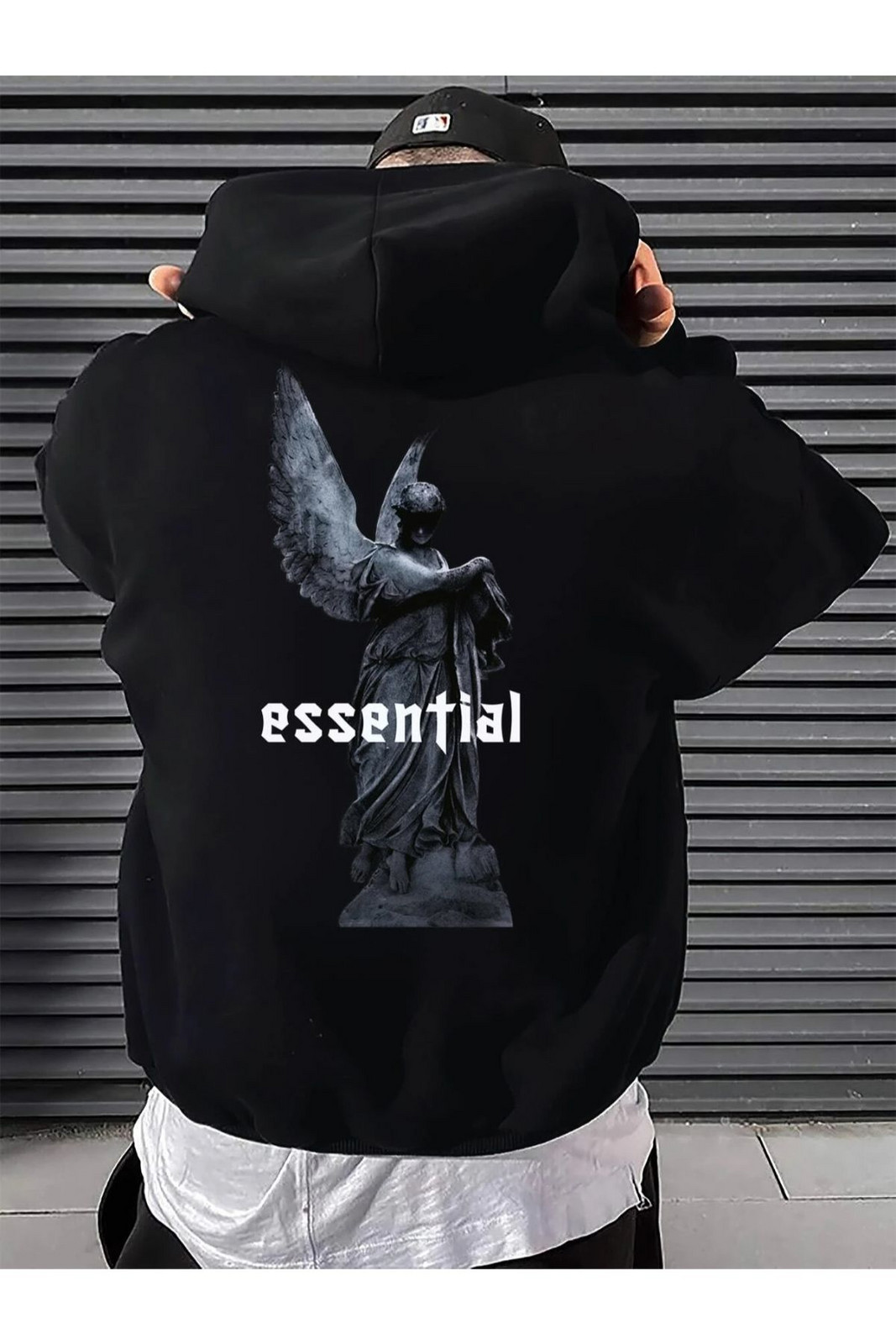 Black Sokak Men's Black Essential Printed Oversize Hooded Sweatshirt