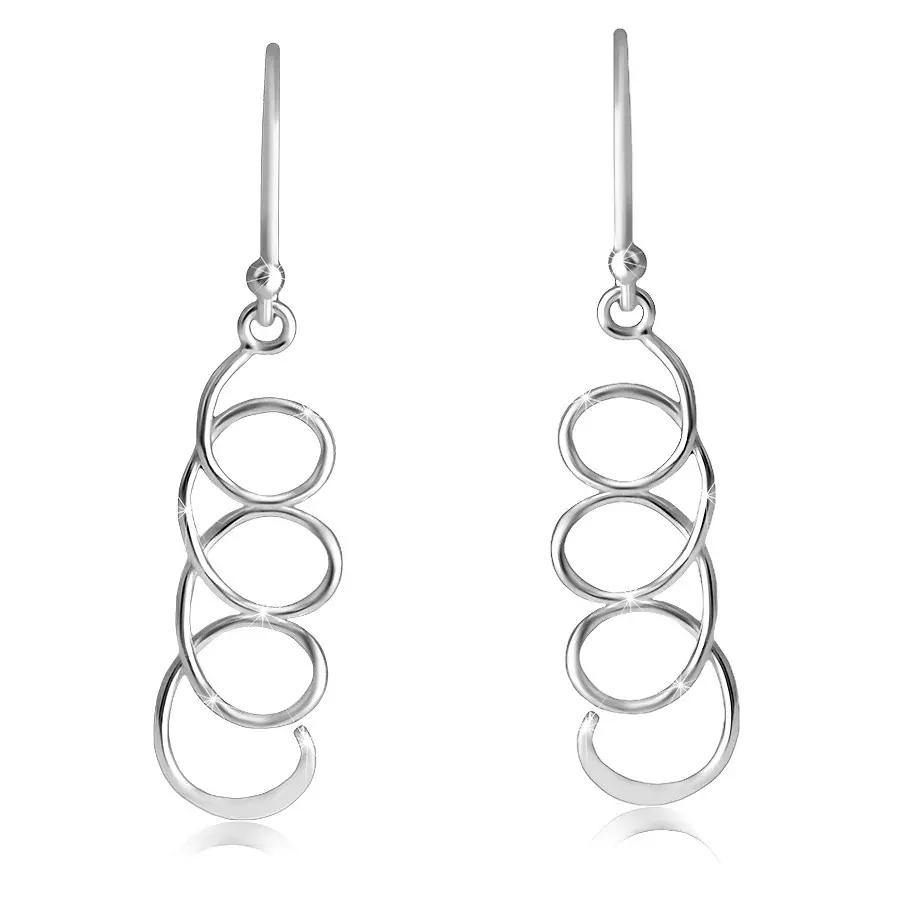 Visiace strieborné 925 náušnice - zatočená špirála, lesklý a hladký povrch