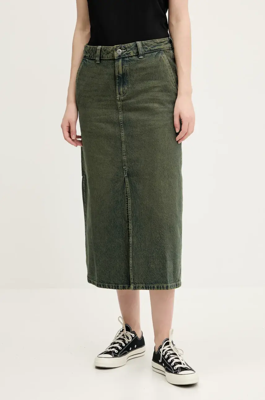 Rifľová sukňa Dickies zelená farba, midi, rovný strih, DK0A866SK571