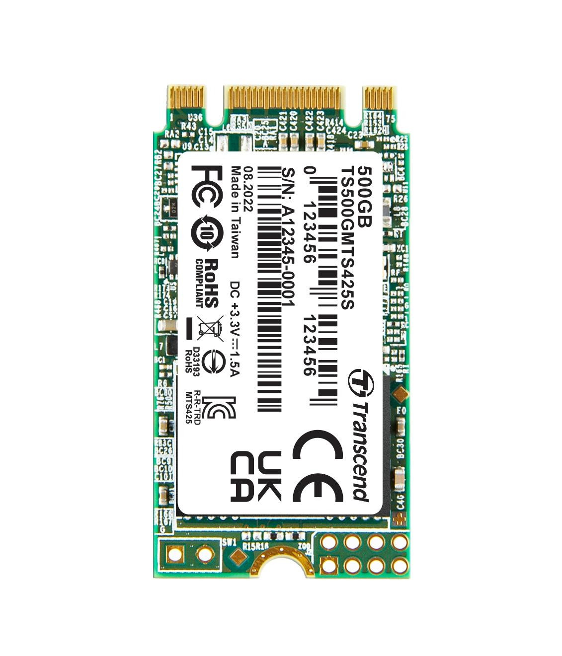TRANSCEND MTS425S 500 GB SSD disk M.2 2242, SATA III 6 Gb/s (3D TLC), 530 MB/s R, 480 MB/s W
