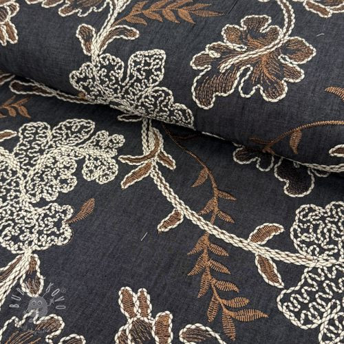 Bavlnená látka JEANS Embroidery leaves black