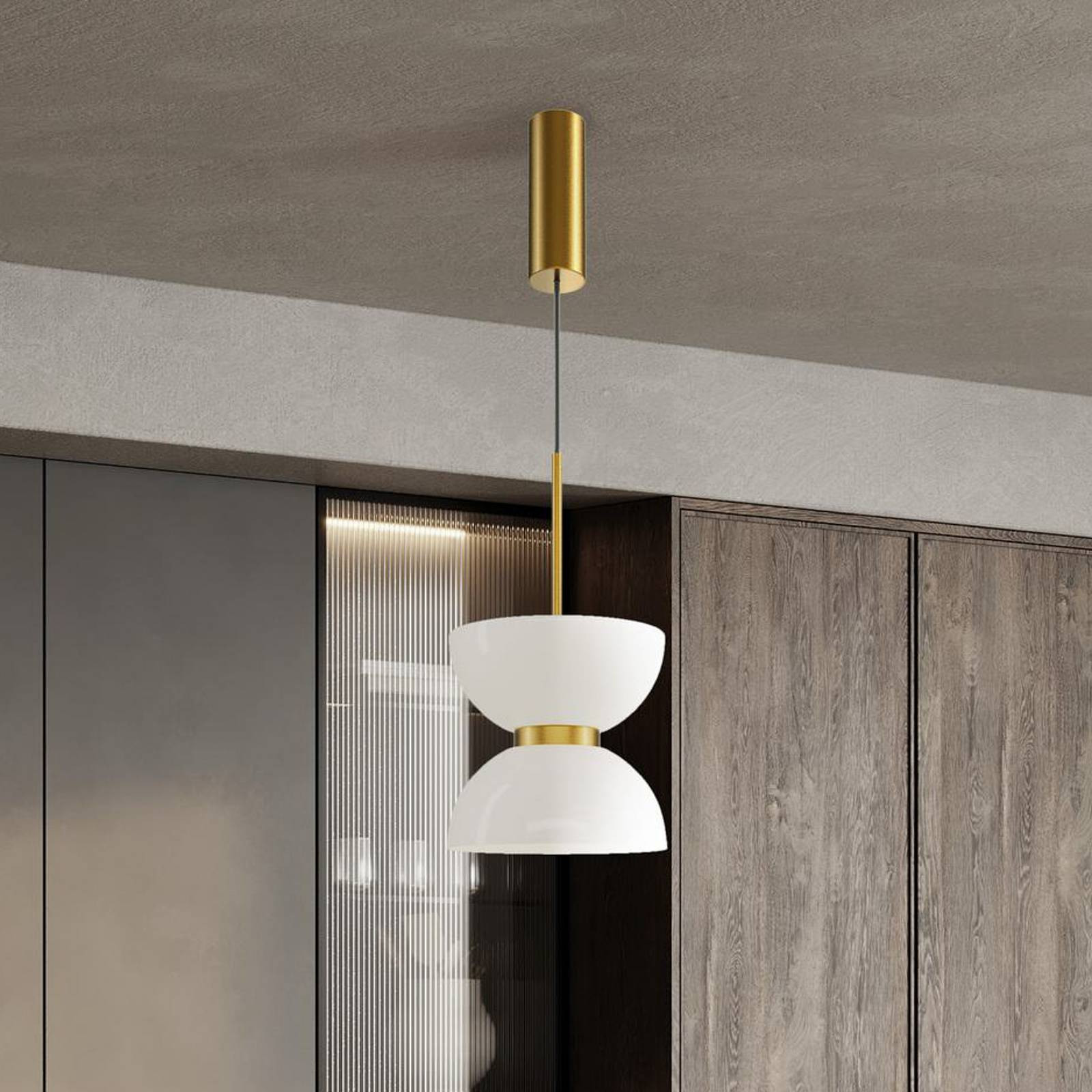 Závesné svietidlo Maytoni LED Kyoto, zlatá/biela, Ø 22 cm, sklo