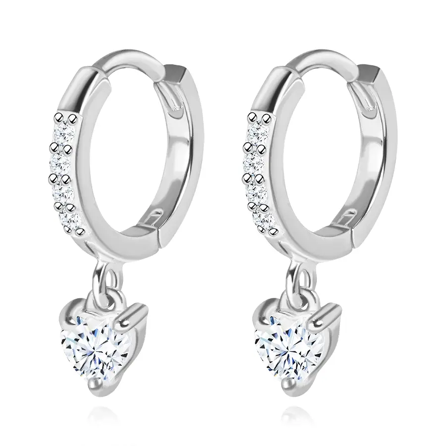 Okrúhle strieborné náušnice 925 - srdiečkový zirkón, číre zirkóny, kĺbové
