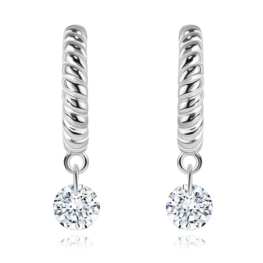 Strieborné náušnice 925 - otvorený kruh s motívom lana, číry zirkón