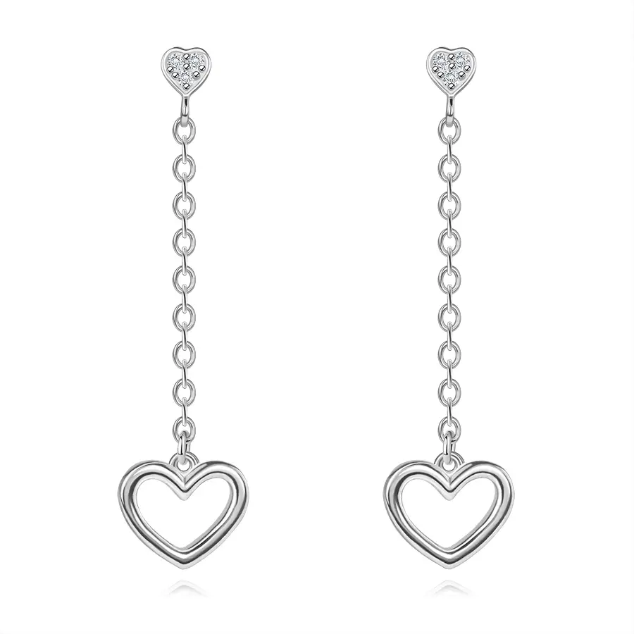 Náušnice zo striebra 925 - obrys srdca na retiazke, zirkónové srdiečko