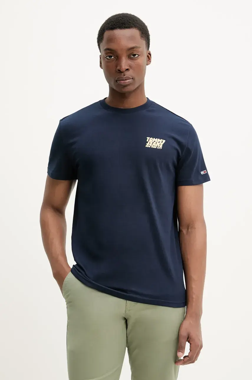 Bavlnené tričko Tommy Jeans pánske, tmavomodrá farba, s potlačou, DM0DM21864