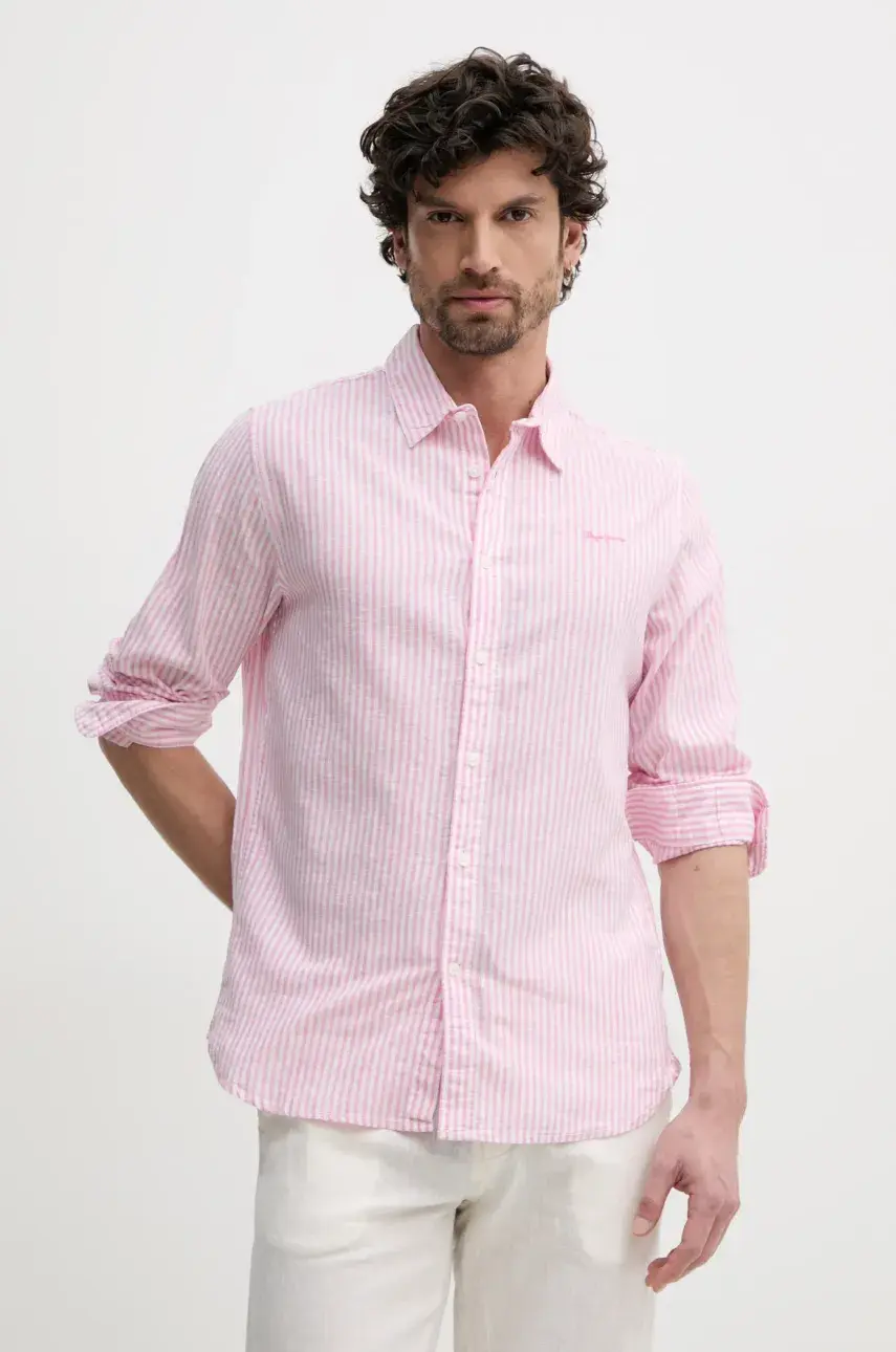 Ľanová košeľa Pepe Jeans ARMANDO pánska, ružová farba, regular, s klasickým golierom, PM309028
