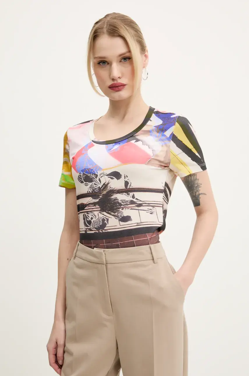 Tričko Desigual COLLAGE dámske, béžová farba, 25SWTK14