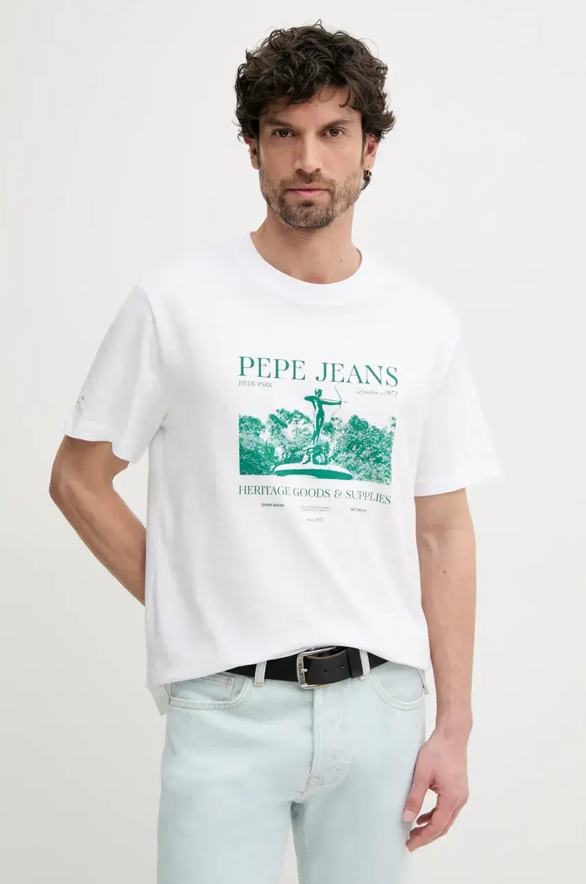 Bavlnené tričko Pepe Jeans PATCH pánske, biela farba, s potlačou, PM509779