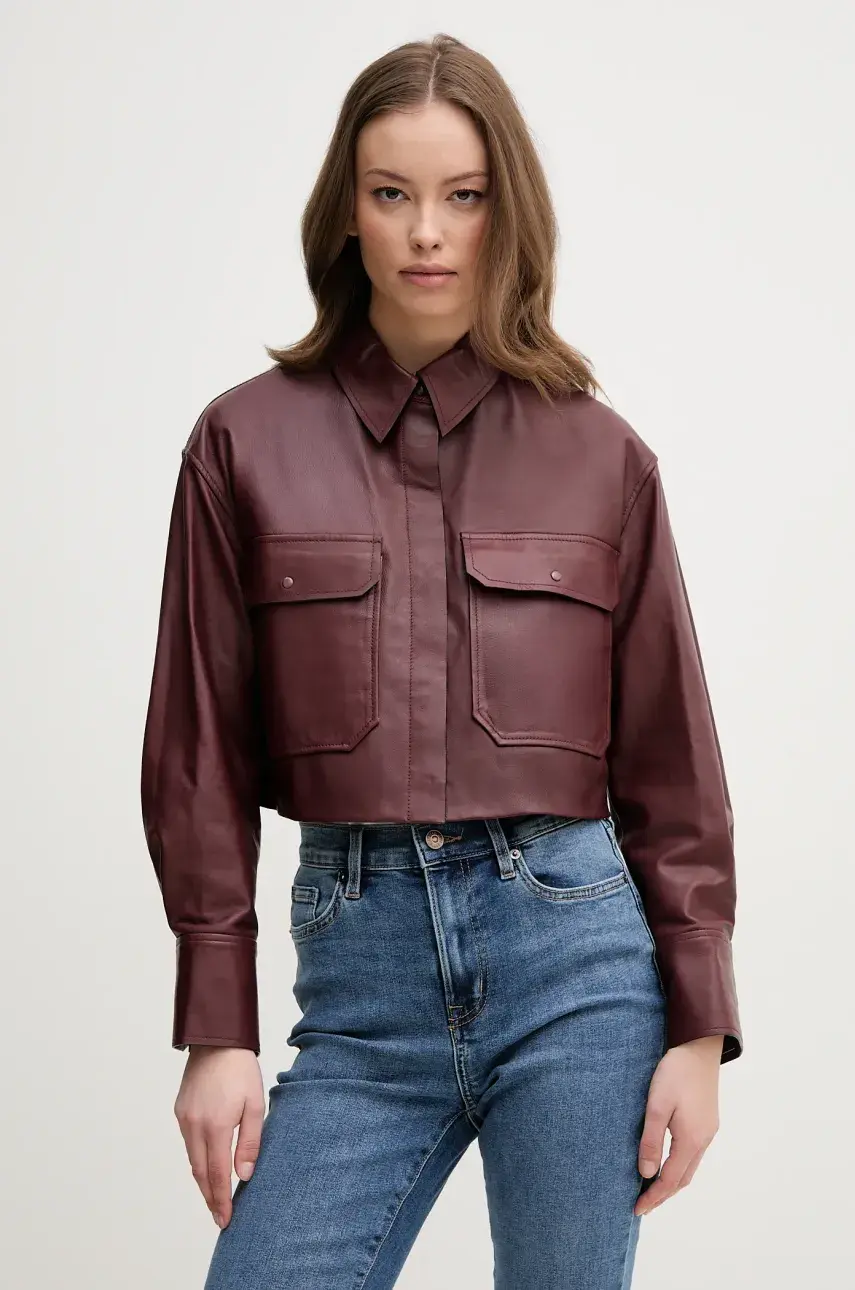 Kožená bunda Pedro del Hierro dámska, bordová farba, prechodná, oversize, 5499137