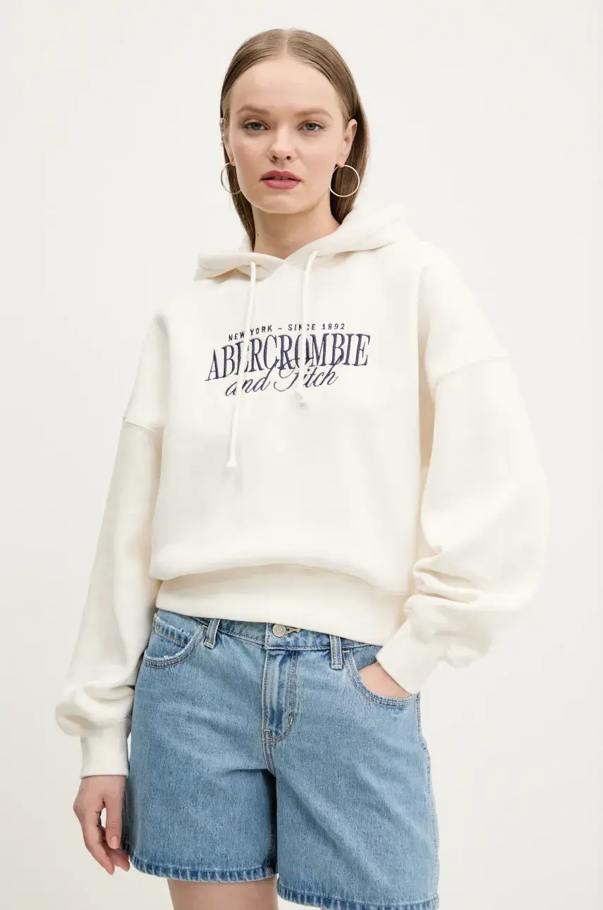 Mikina Abercrombie & Fitch dámska, béžová farba, s kapucňou, s nášivkou, KI185-5022