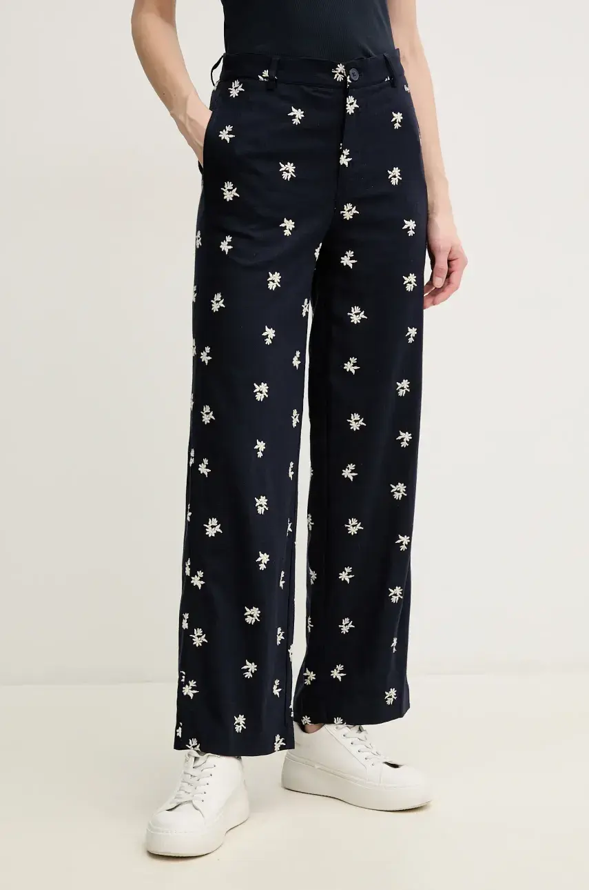 Nohavice s prímesou ľanu Pepe Jeans GENOVEVA dámske, tmavomodrá farba, rovné, vysoký pás, PL211802