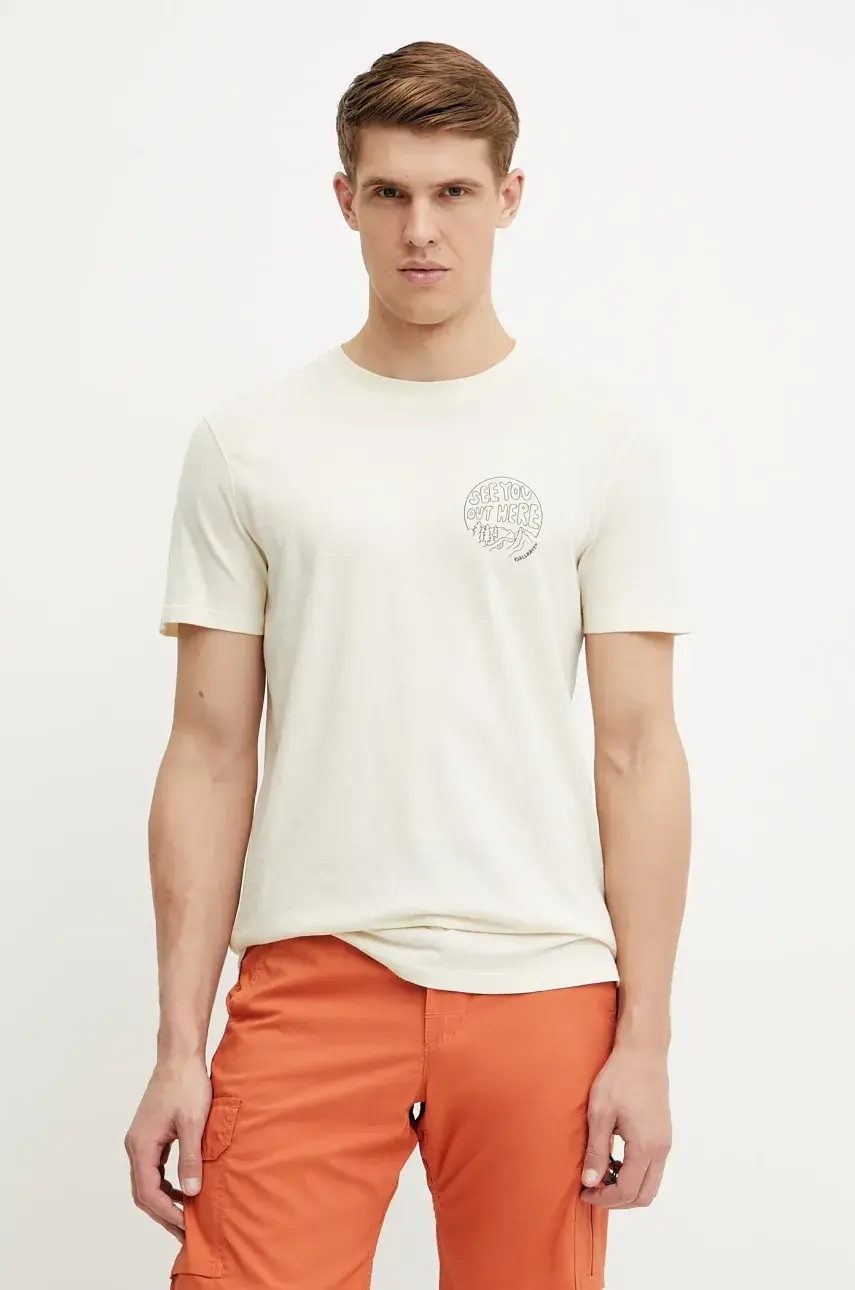 Tričko Fjallraven Hemp Blend Out Here pánsky, béžová farba, s potlačou, F12600265