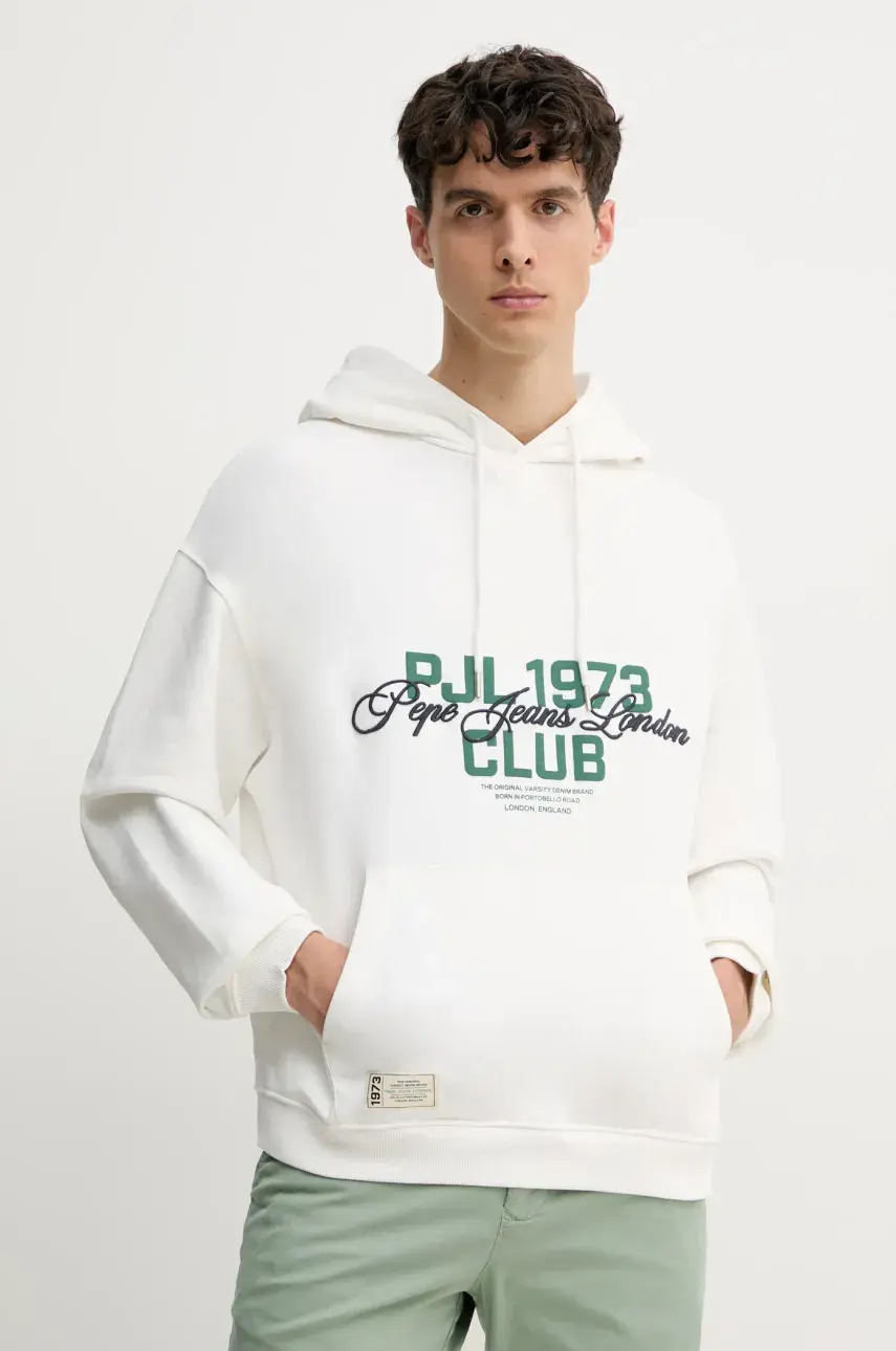 Bavlnená mikina Pepe Jeans TALBOT HOODIE pánska, biela farba, s kapucňou, s nášivkou, PM582848