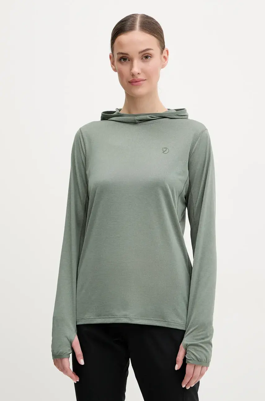 Športová mikina Fjallraven Abisko zelená farba, s kapucňou, jednofarebná, F84108