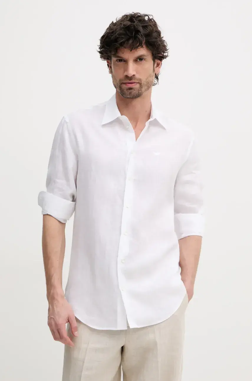 Ľanová košeľa Emporio Armani pánska, biela farba, regular, s klasickým golierom, 01SM0L 010F9