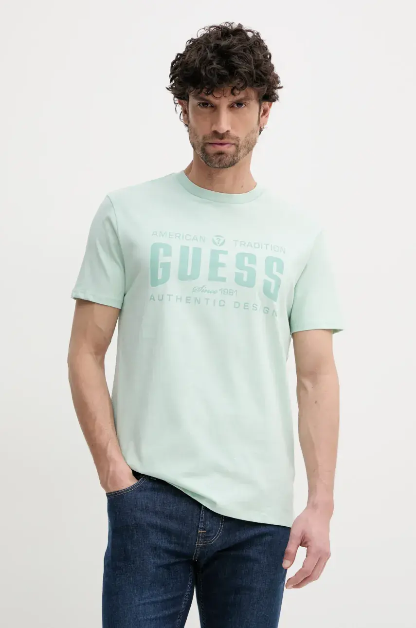 Bavlnené tričko Guess pánske, zelená farba, s potlačou, M5GI27 KBW41