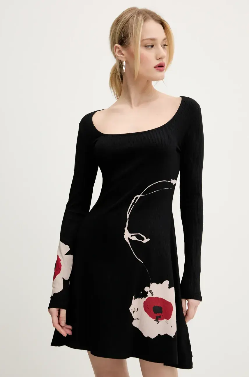 Šaty Desigual BRUJAS čierna farba, mini, áčkový strih, 25SWVK07