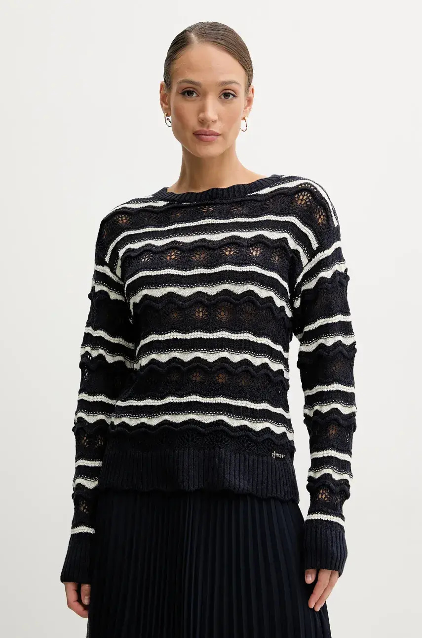 Sveter s prímesou ľanu Guess VALERIE dámsky, tmavomodrá farba, tenký, W5GR35 Z3NJ0