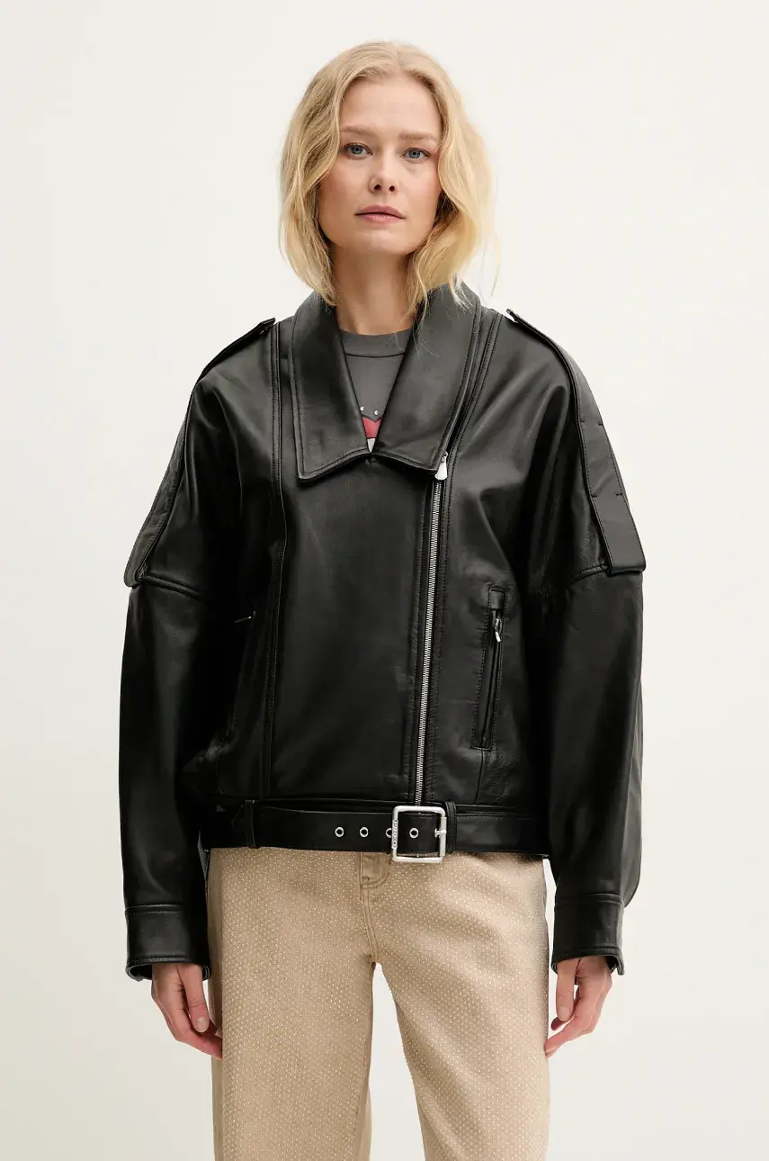 Kožená bunda Pinko čierna farba, prechodná, oversize, 104877 A21L