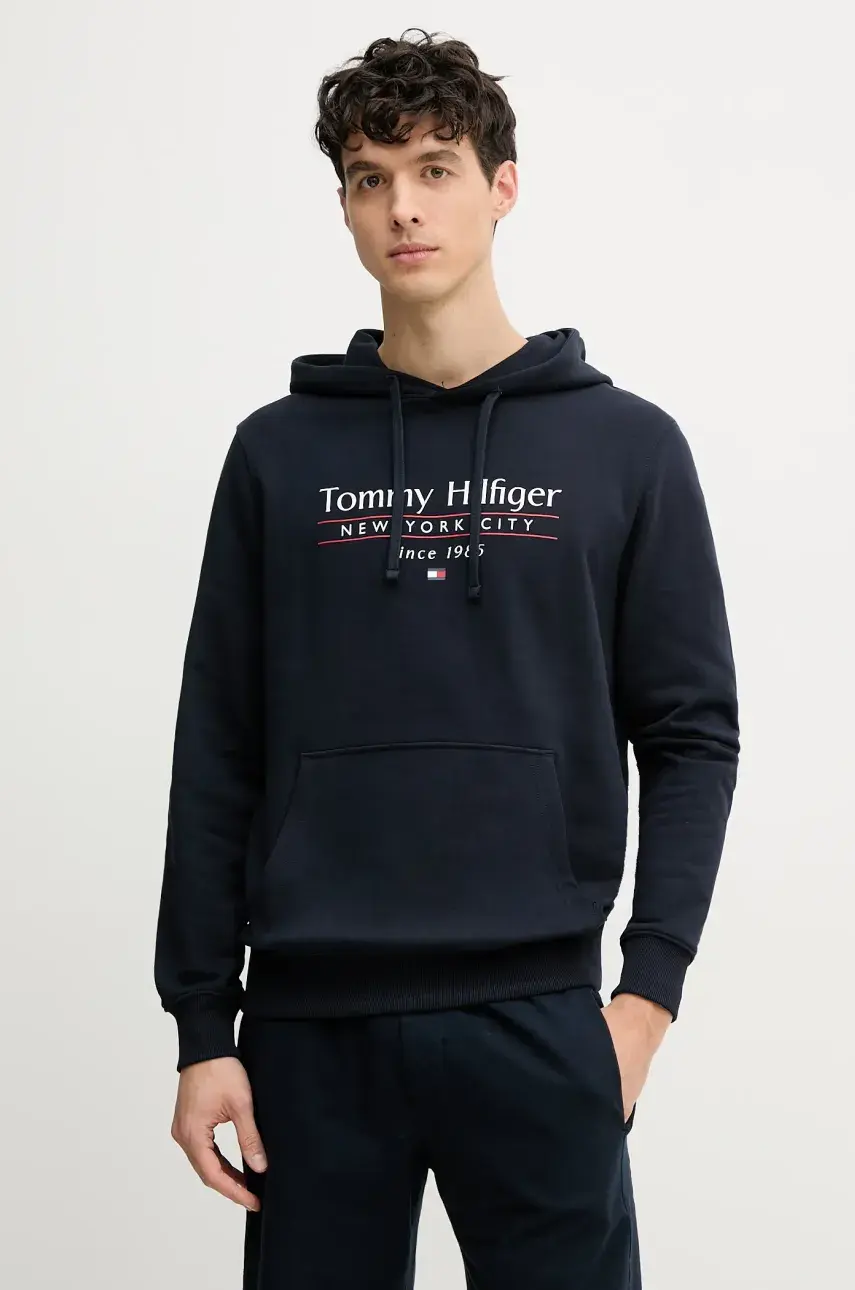 Bavlnená mikina Tommy Hilfiger pánska, tmavomodrá farba, s kapucňou, s potlačou, MW0MW38672