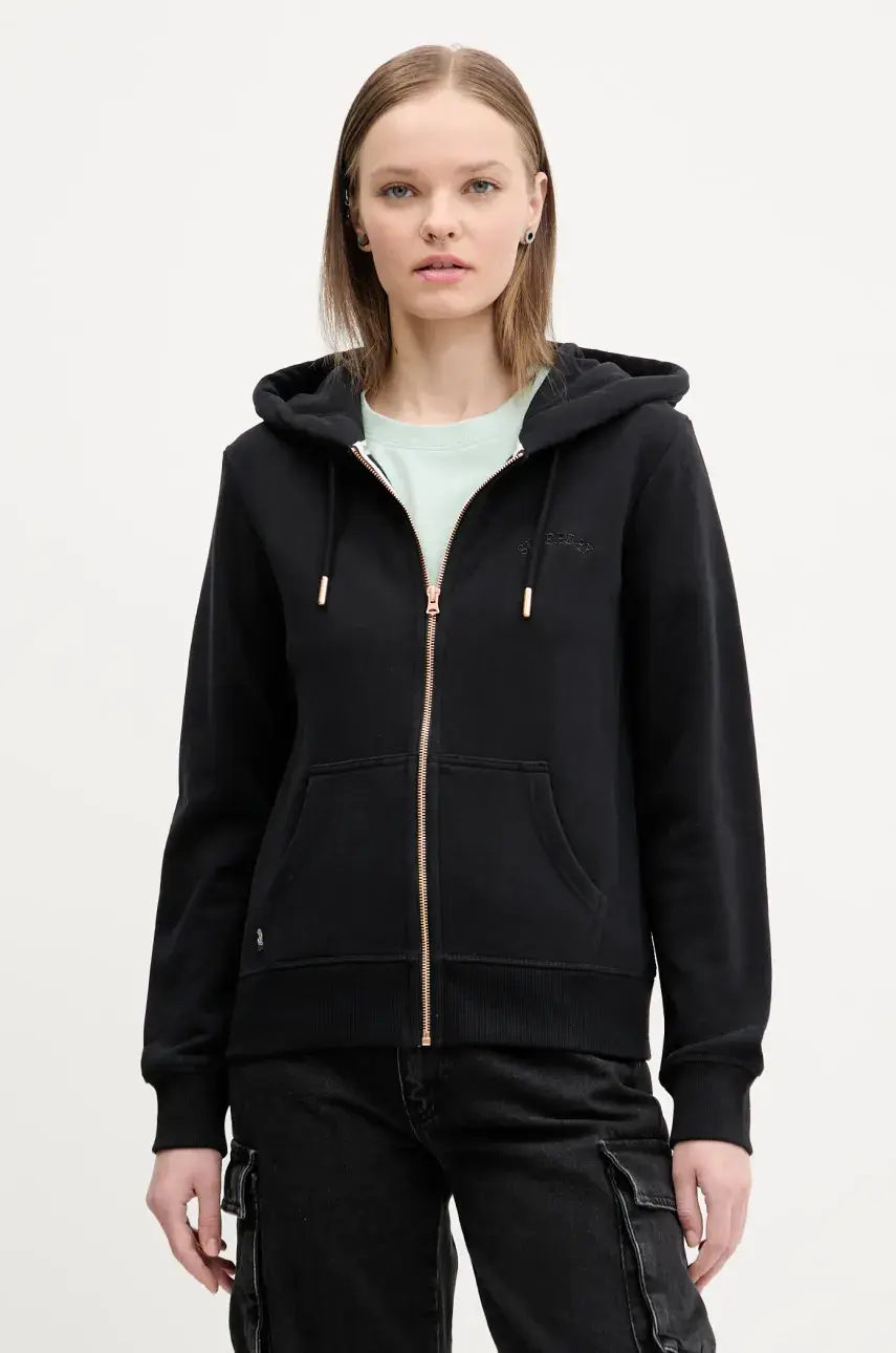 Bavlnená mikina Superdry dámska, čierna farba, s kapucňou, jednofarebná, W2012358A-02A