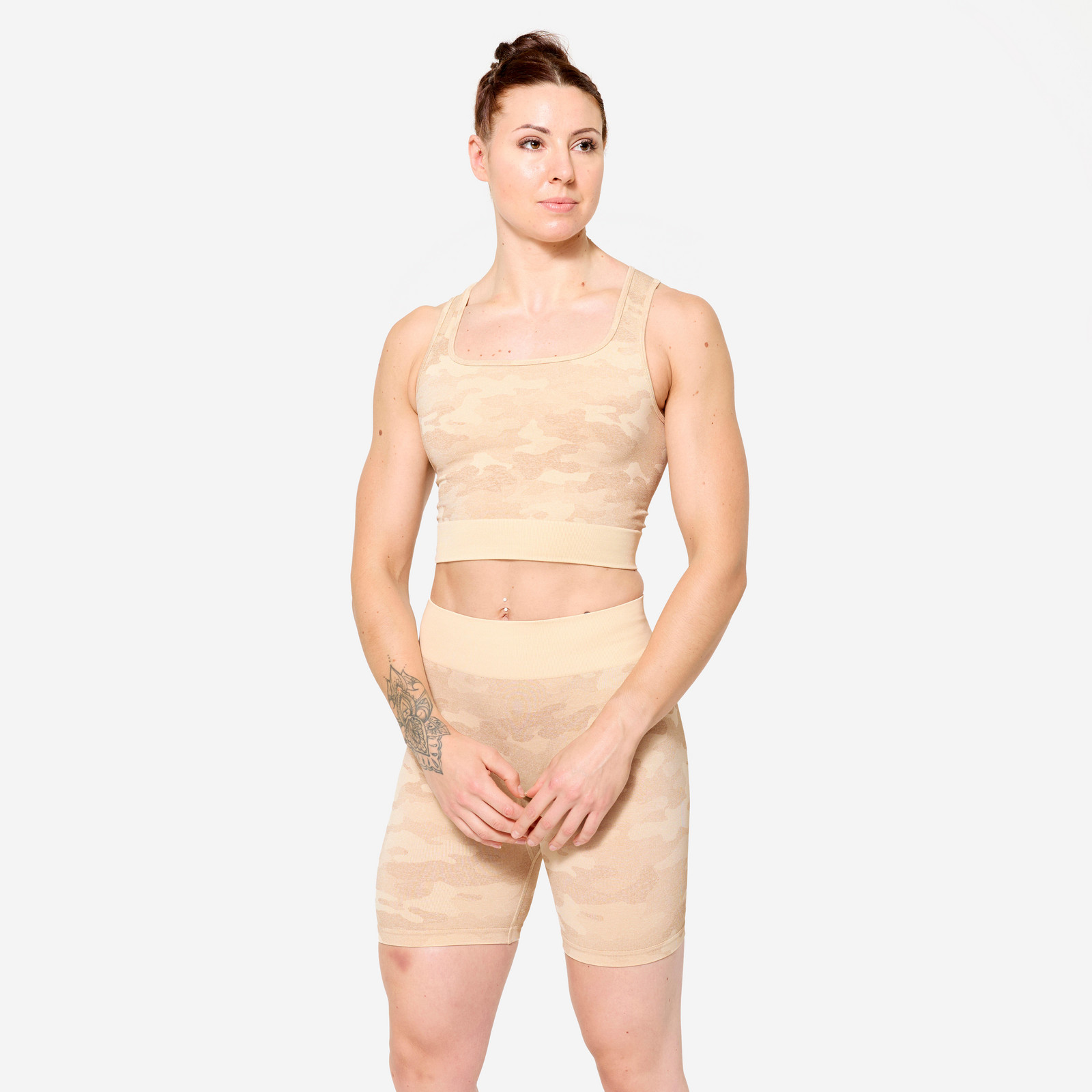 Dámsky fitness crop top Camo béžový