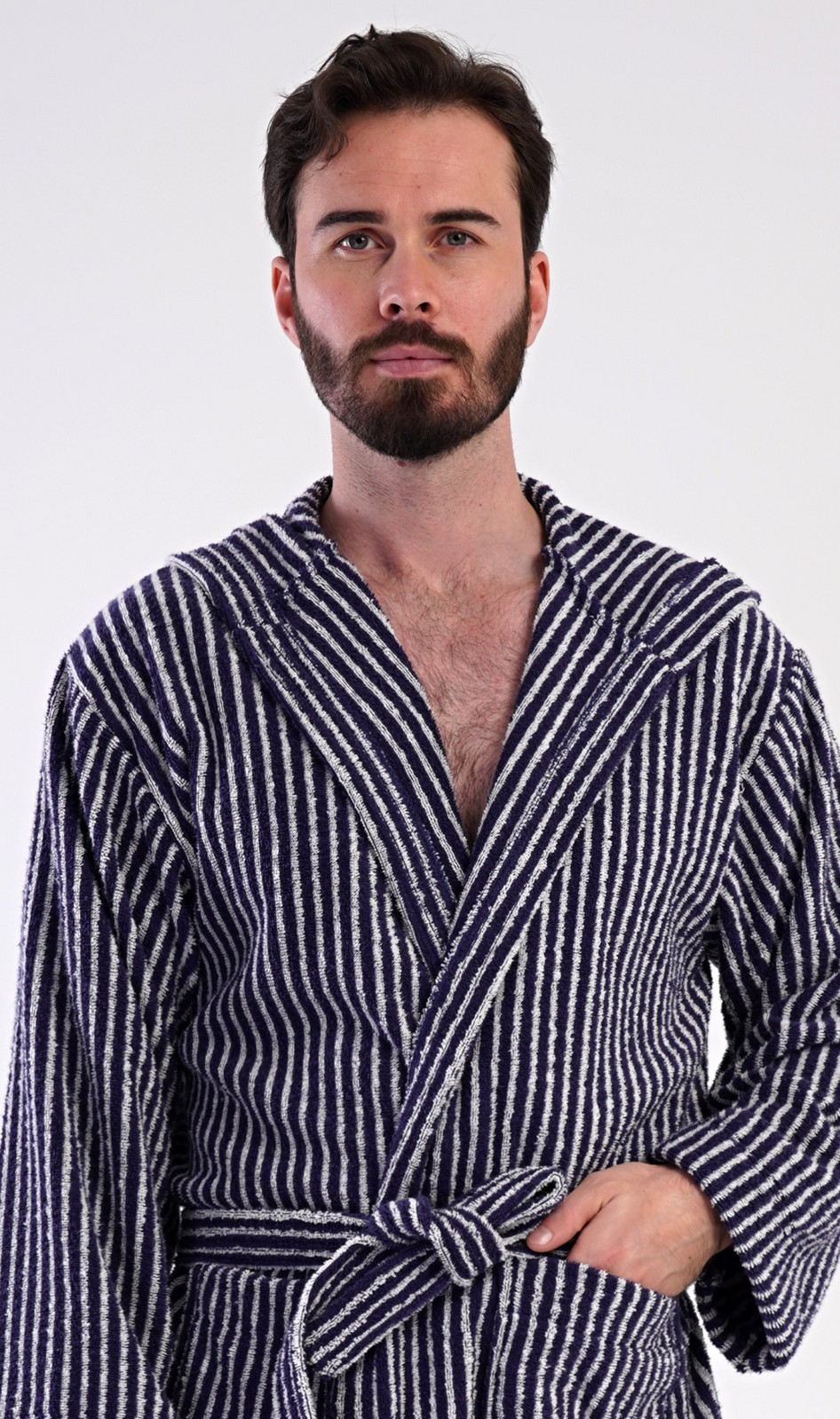 Pánsky župan s kapucňou Stripe tmavě modrá L
