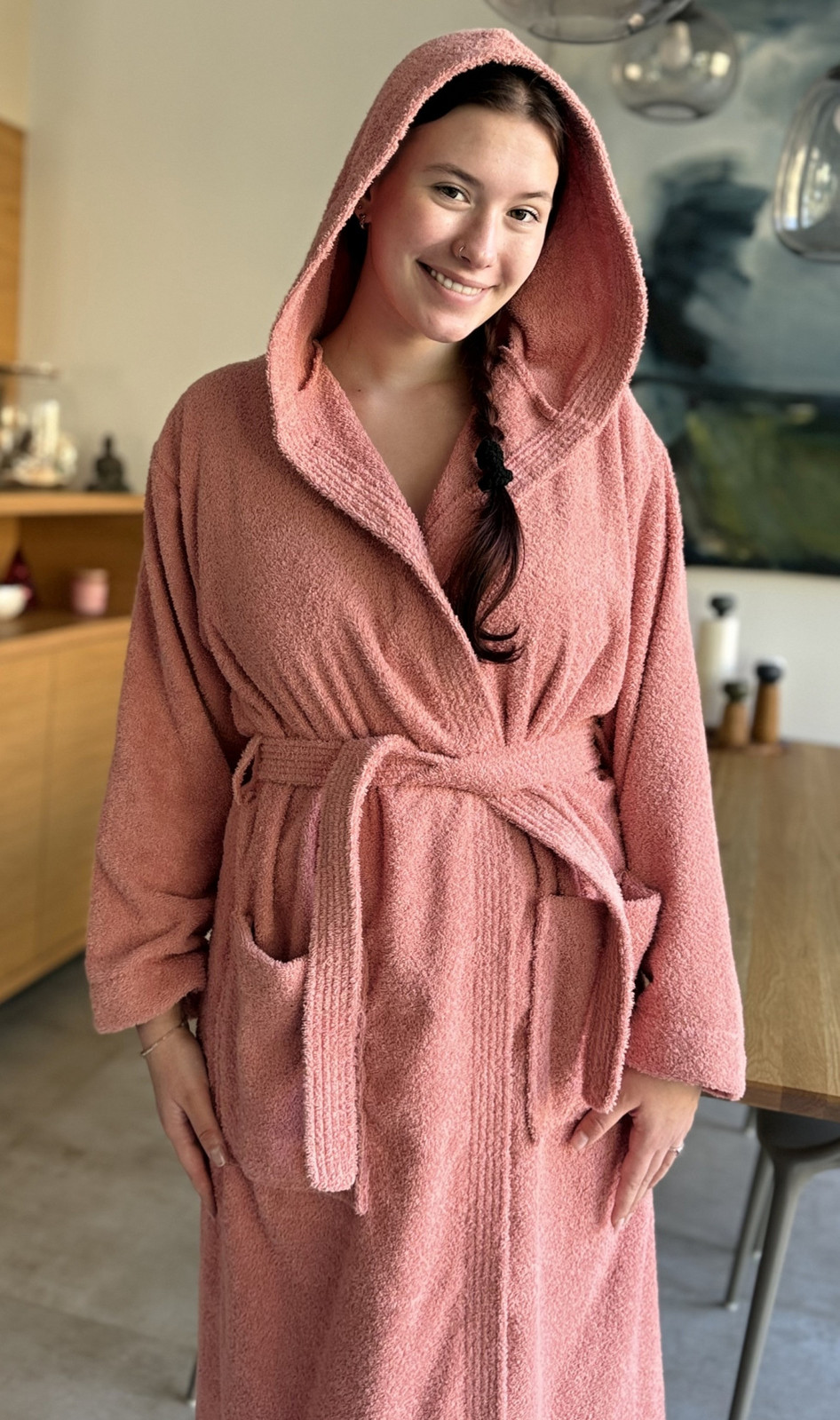 Dámsky dlhý župan s kapucňou Peach lososová M