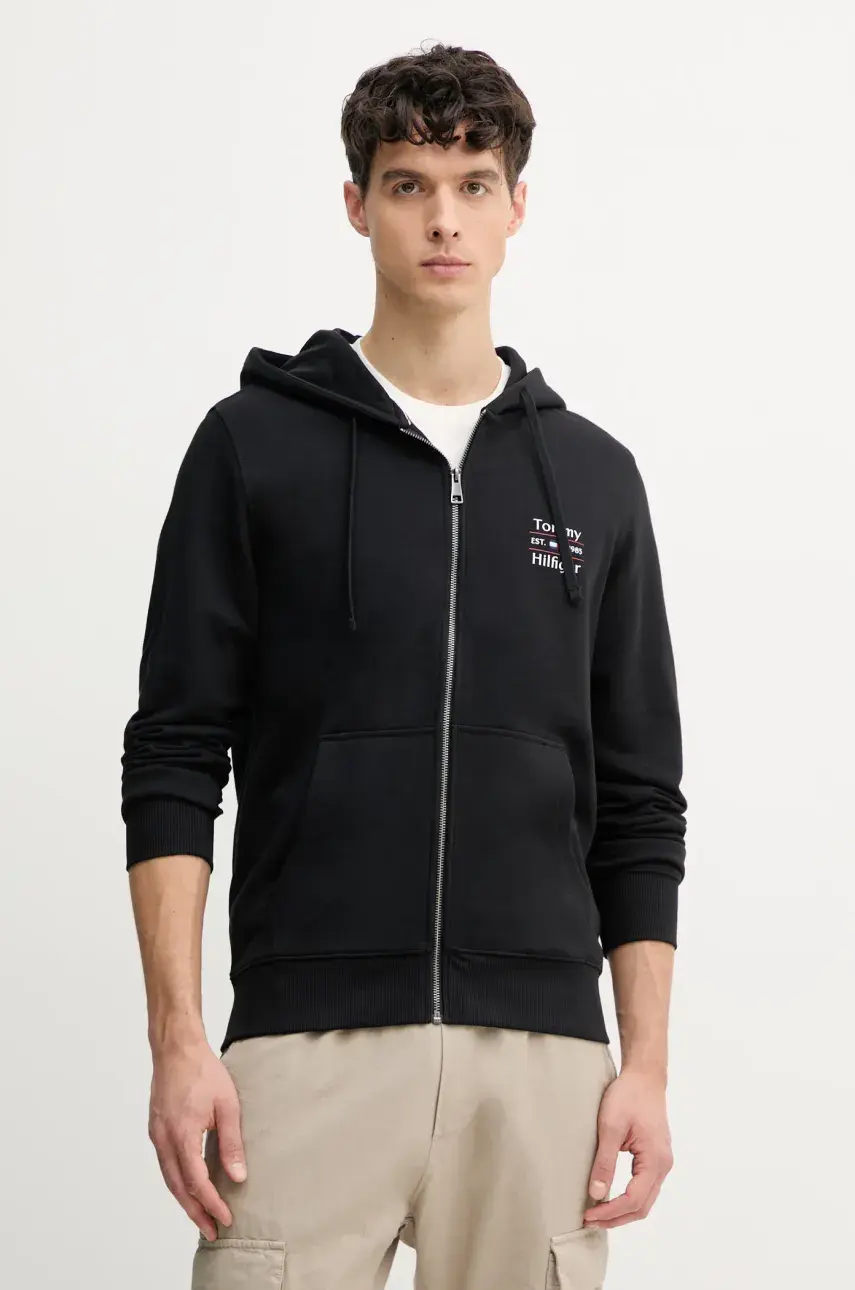 Bavlnená mikina Tommy Hilfiger pánska, čierna farba, s kapucňou, jednofarebná, MW0MW39250