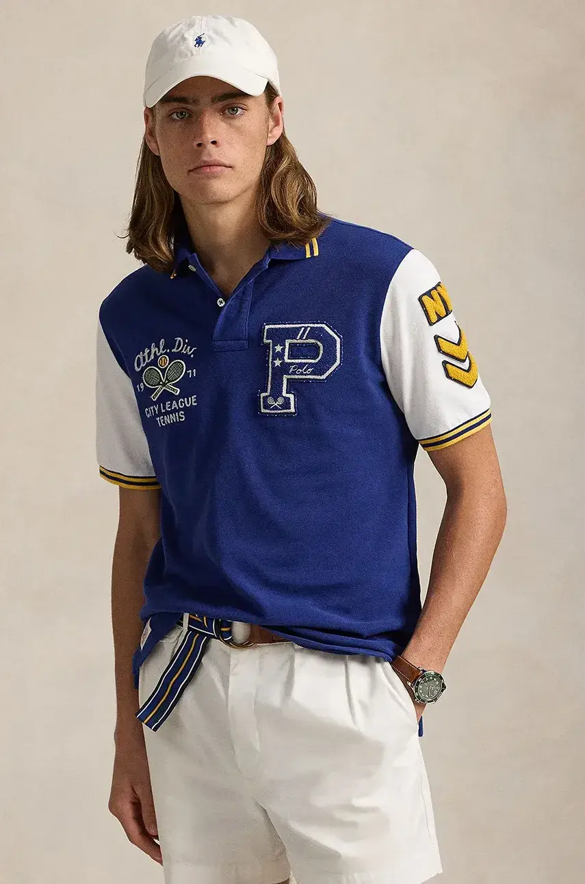 Bavlnené polo tričko Polo Ralph Lauren pánske, tmavomodrá farba, s potlačou, 710964978