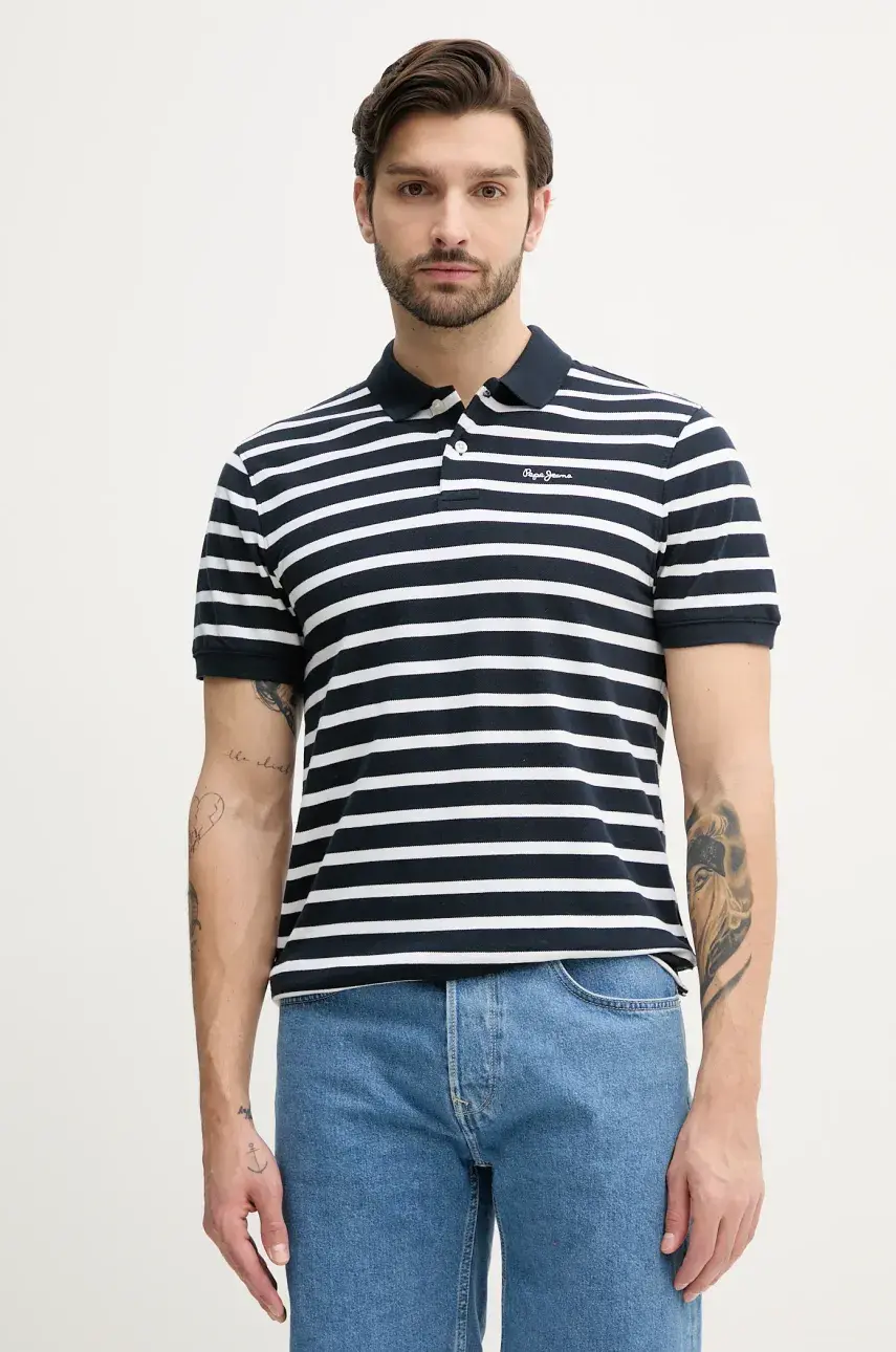 Bavlnené polo tričko Pepe Jeans BARRET pánske, tmavomodrá farba, vzorované, PM542241