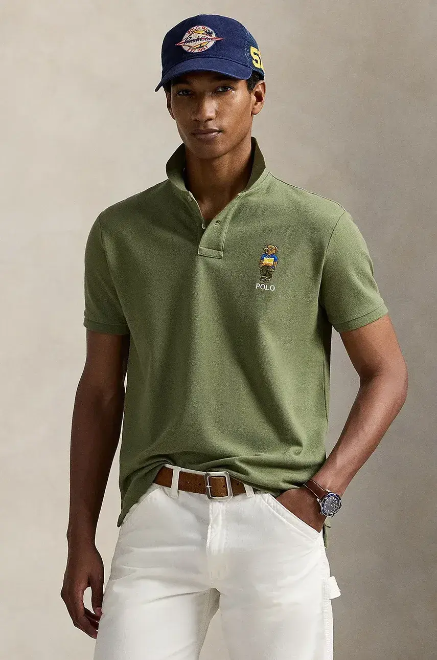 Bavlnené polo tričko Polo Ralph Lauren pánske, zelená farba, jednofarebné, 710969633