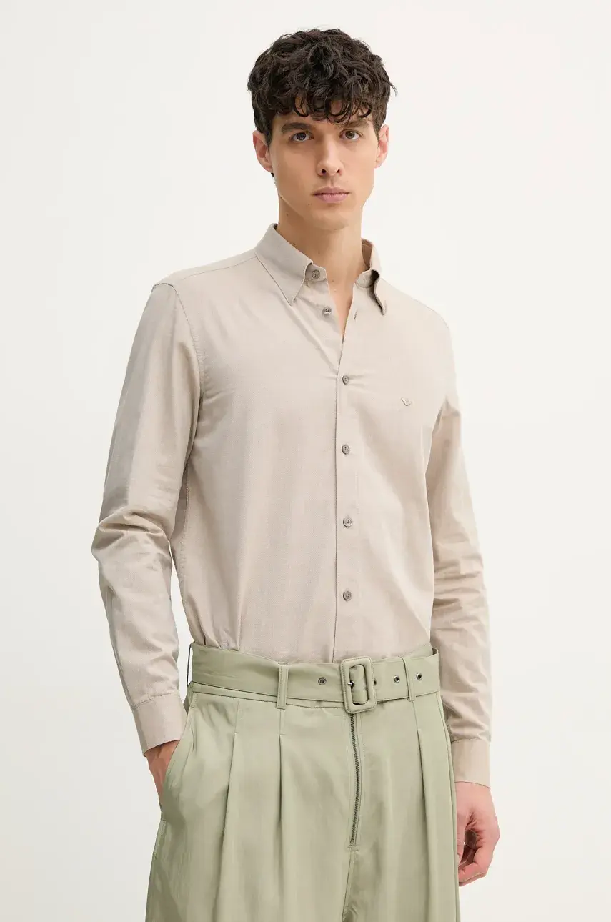 Košeľa s prímesou hodvábu Emporio Armani pánska, béžová farba, regular, s klasickým golierom, EM001527 AF14235