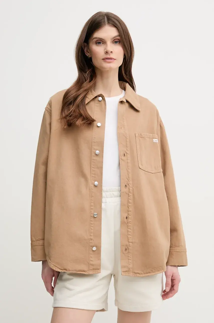 Džínsová bunda s ľanovou prímesou Calvin Klein Jeans hnedá farba, prechodná, oversize, J20J225574