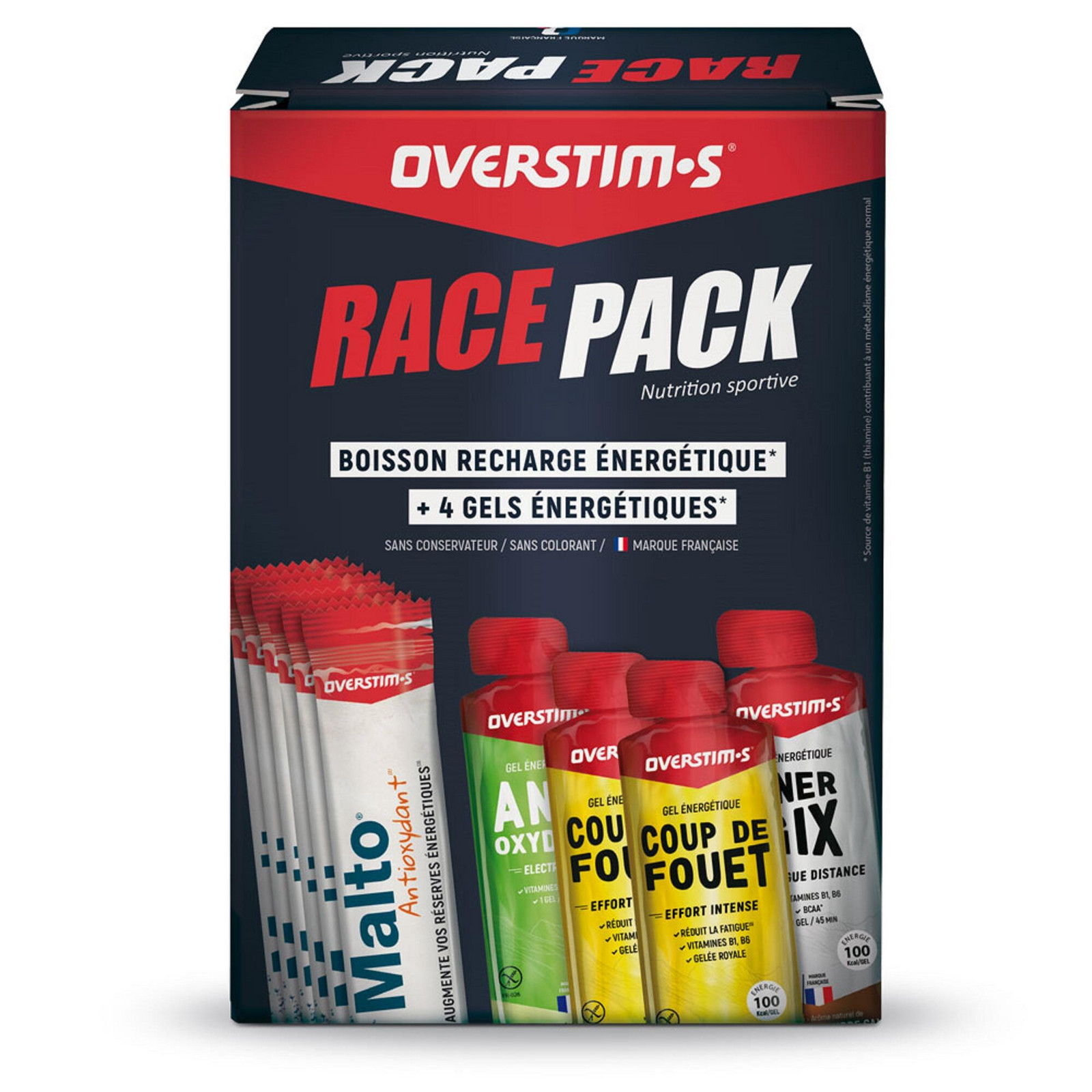 OVERSTIM.S Race Pack: 4 energetické gély a 6 energetických nápojov Malto