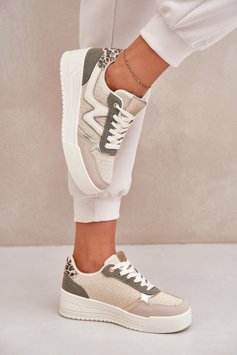 Béžovo-khaki dámske športové tenisky so sťahovacou gumičkou a leopardími detailmi - 36