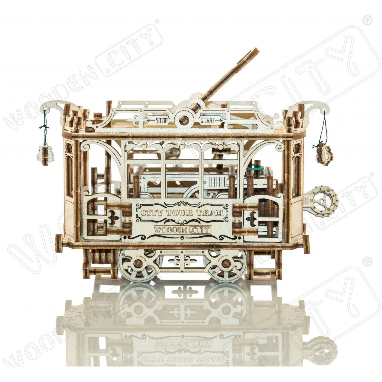 3D mechanické puzzle Wooden City Mestská električka s koľajami 273 ks - hnedé