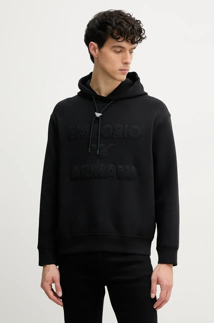 Mikina Emporio Armani pánska, čierna farba, s kapucňou, s nášivkou, EM001121 AF10013